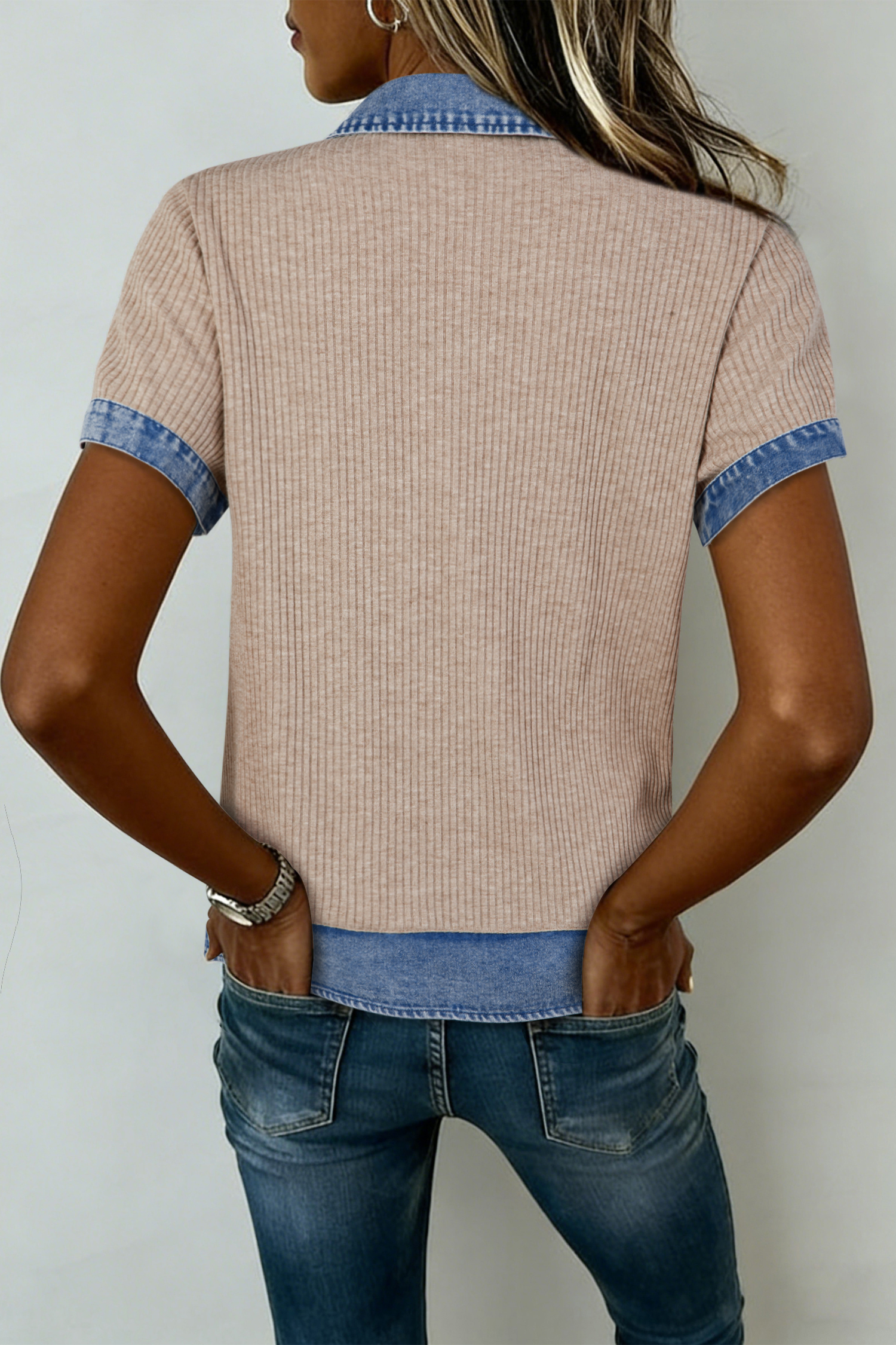 Western Style Women's Summer Blouse – Beige Ribbed Knit Denim Patchwork Short Sleeve V-Neck Top - Detail View 2 Western Style Women's Summer Blouse – Beige Ribbed Knit Denim Patchwork Short Sleeve V-Neck Top - Detail View 2