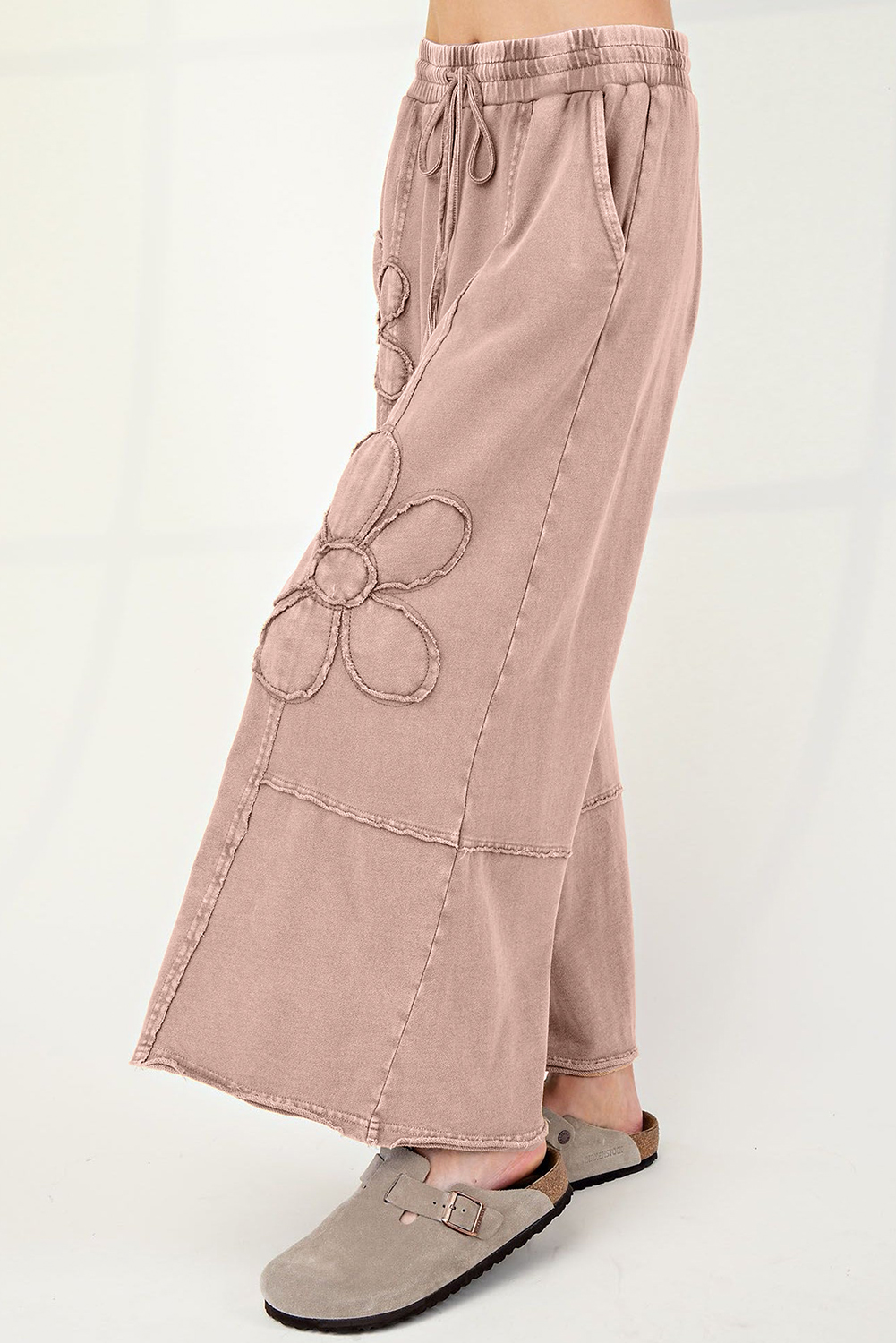 Women's Casual Buckskin High Waist Wide Leg Cropped Pants – Floral Patch Design for Everyday Comfort and Versatility - Detail View 3 Women's Casual Buckskin High Waist Wide Leg Cropped Pants – Floral Patch Design for Everyday Comfort and Versatility - Detail View 3
