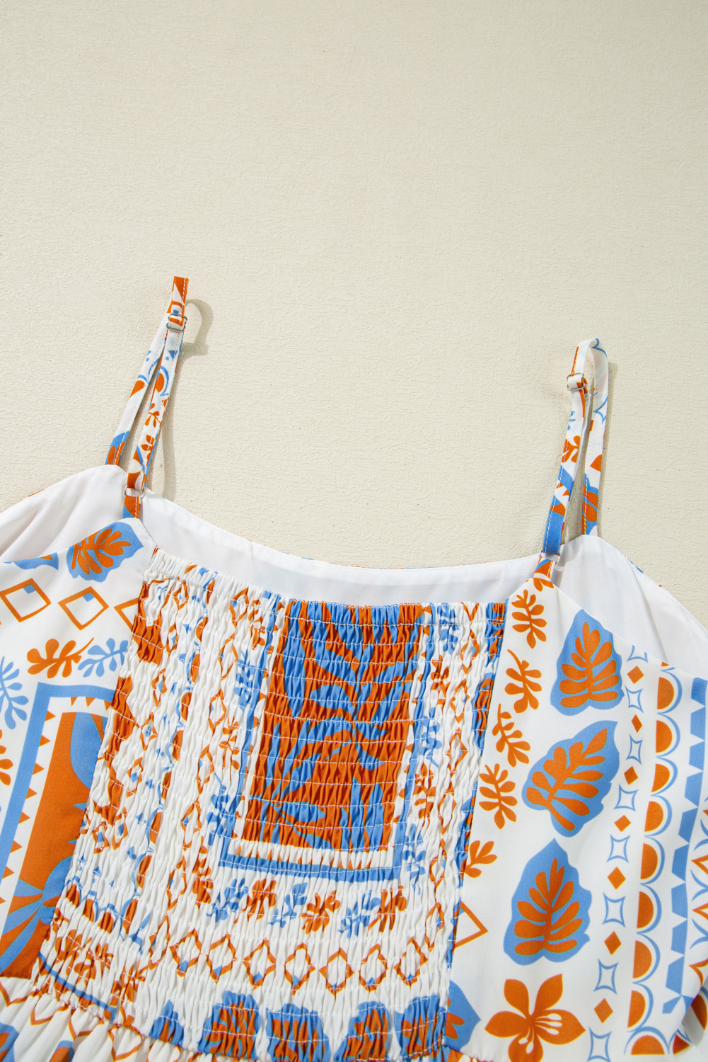 Women's Maxi Dress, Orange Dress, Multi Printed, Ricrac Trim, Spaghetti Straps, Beach Wear, Vacation Dress, Floral Pattern, Bohemian Style, Sleeveless, Elegant Silhouette, Fit and Flare, Summer Fashion, A-Line Dress - Detail View 12 Women's Maxi Dress, Orange Dress, Multi Printed, Ricrac Trim, Spaghetti Straps, Beach Wear, Vacation Dress, Floral Pattern, Bohemian Style, Sleeveless, Elegant Silhouette, Fit and Flare, Summer Fashion, A-Line Dress - Detail View 12
