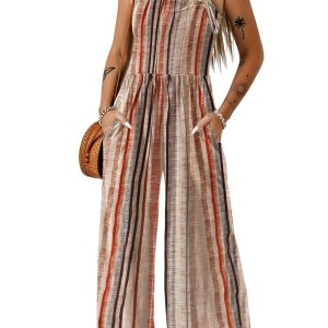 Women's Yellow Striped Jumpsuit – Sleeveless Square Neck Wide Leg Romper, Casual Summer Outfit - Main View