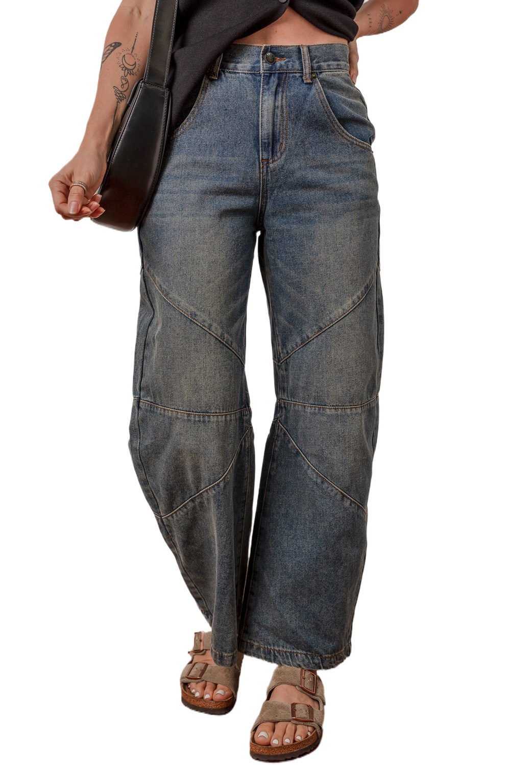 Women's Sail Blue Exposed Stitching Loose Straight High Waist Jeans - Main View Women's Sail Blue Exposed Stitching Loose Straight High Waist Jeans - Main View