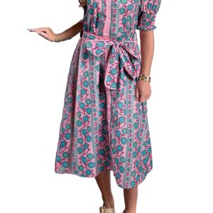 Women's Pink Floral Shirred Puff Sleeve Midi Dress with Sash - Bohemian Style - Main View