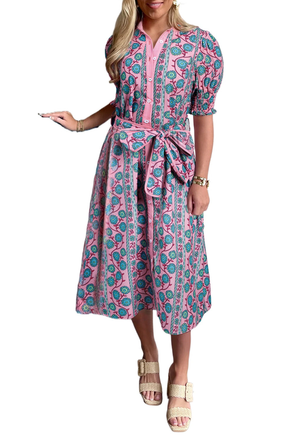 Women's Pink Floral Shirred Puff Sleeve Midi Dress with Sash - Bohemian Style - Main View Women's Pink Floral Shirred Puff Sleeve Midi Dress with Sash - Bohemian Style - Main View
