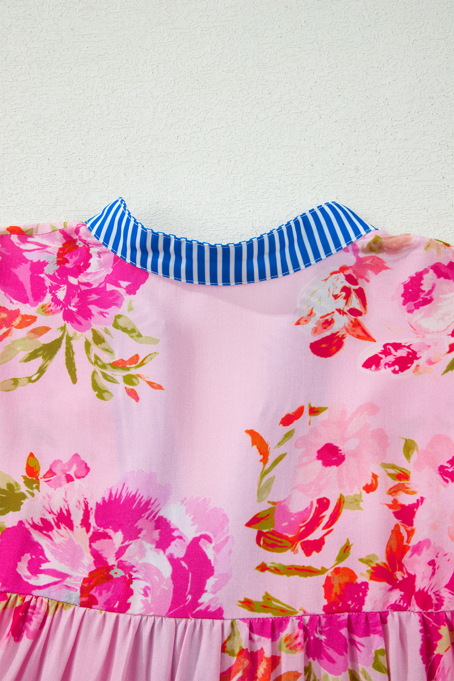 Chic Patchwork Floral Blouse for Women – Striped Trim V Neck Top, Thoughtful Gift for Her - Detail View 9 Chic Patchwork Floral Blouse for Women – Striped Trim V Neck Top, Thoughtful Gift for Her - Detail View 9