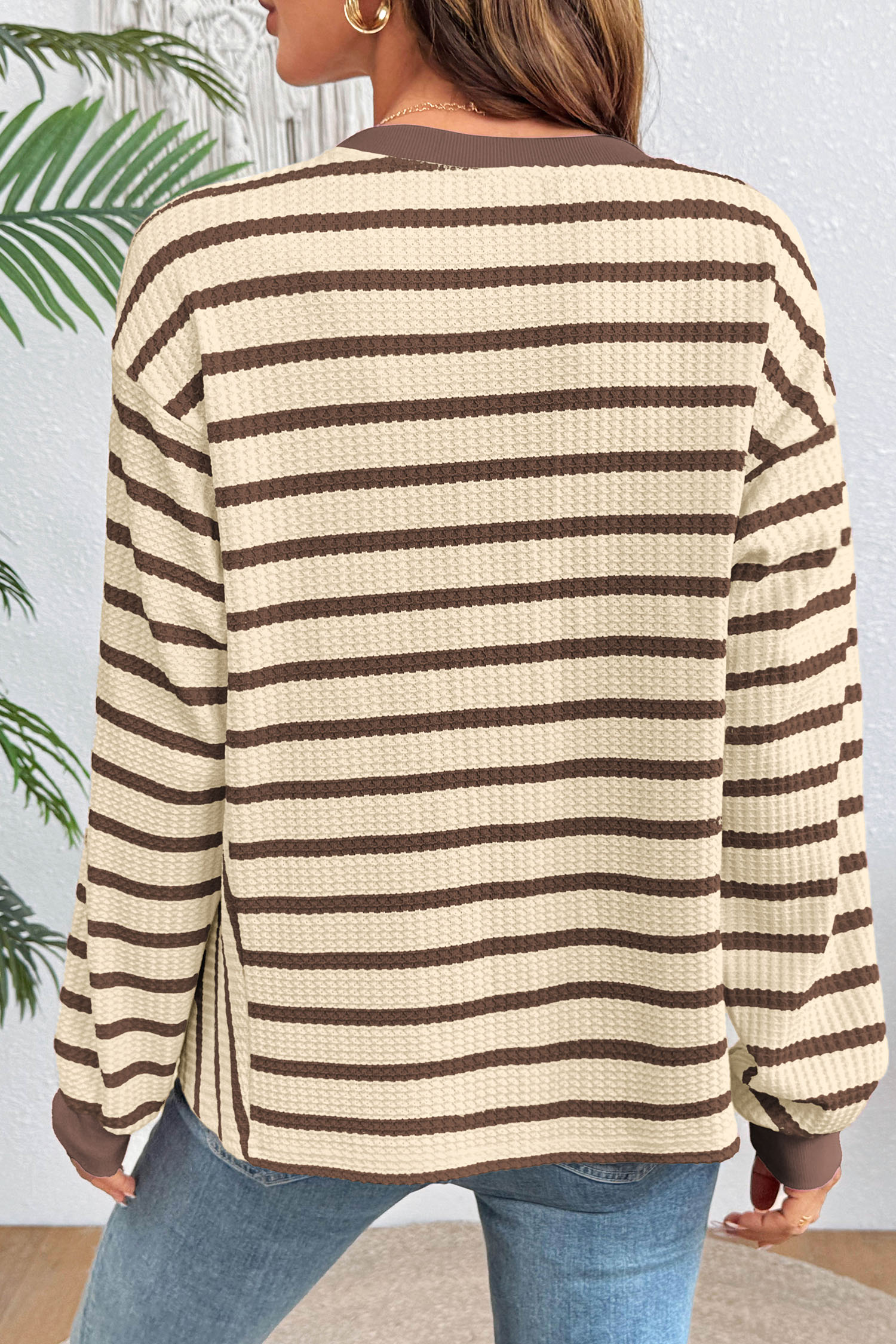 Women's Casual Pullover, Striped Waffle Knit Long Sleeve - Detail View 18 Women's Casual Pullover, Striped Waffle Knit Long Sleeve - Detail View 18
