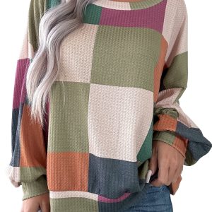 Women's Green Checkered Waffle Knit Long Sleeve Top for Daily Wear - Main View