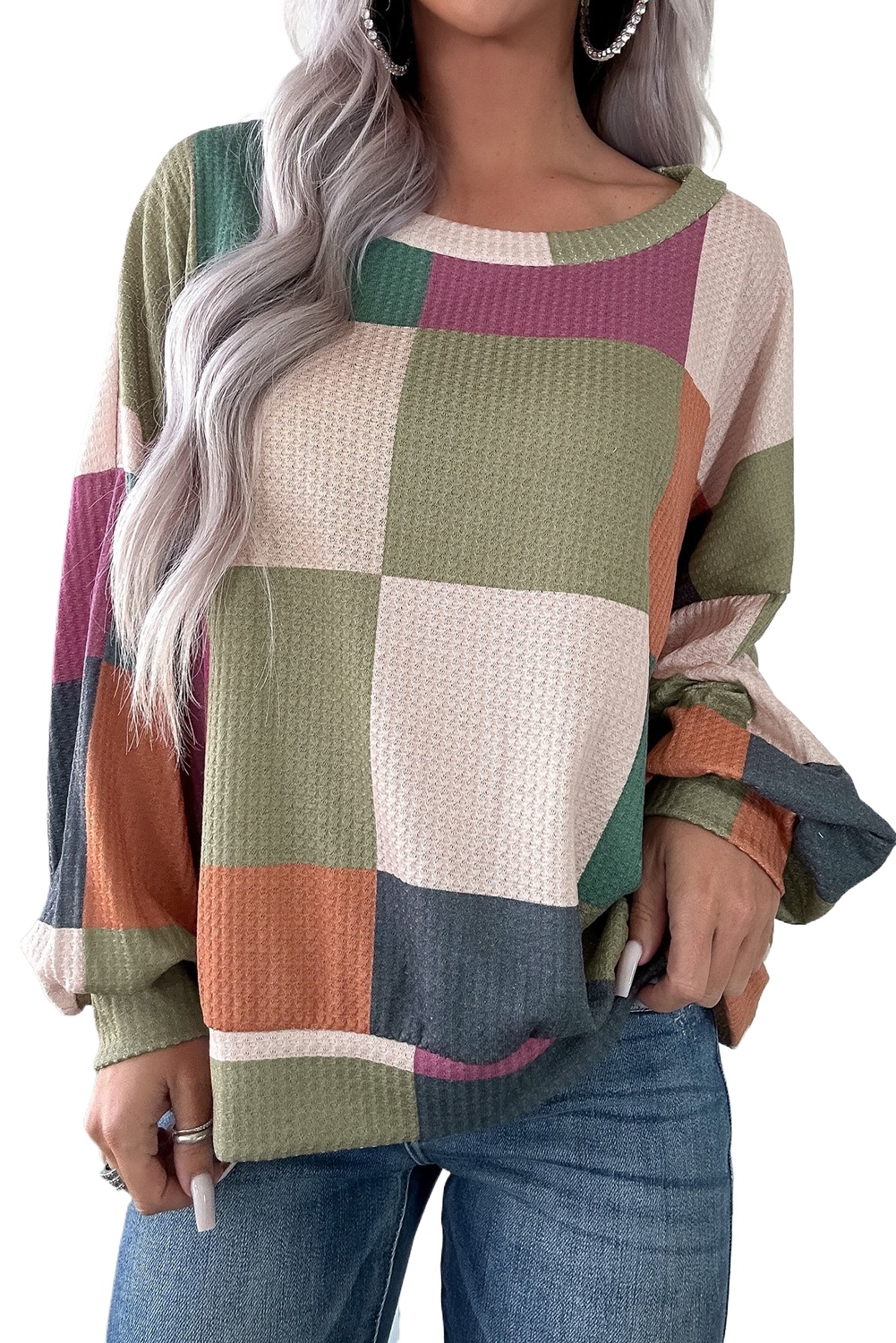 Women's Green Checkered Waffle Knit Long Sleeve Top for Daily Wear - Main View Women's Green Checkered Waffle Knit Long Sleeve Top for Daily Wear - Main View