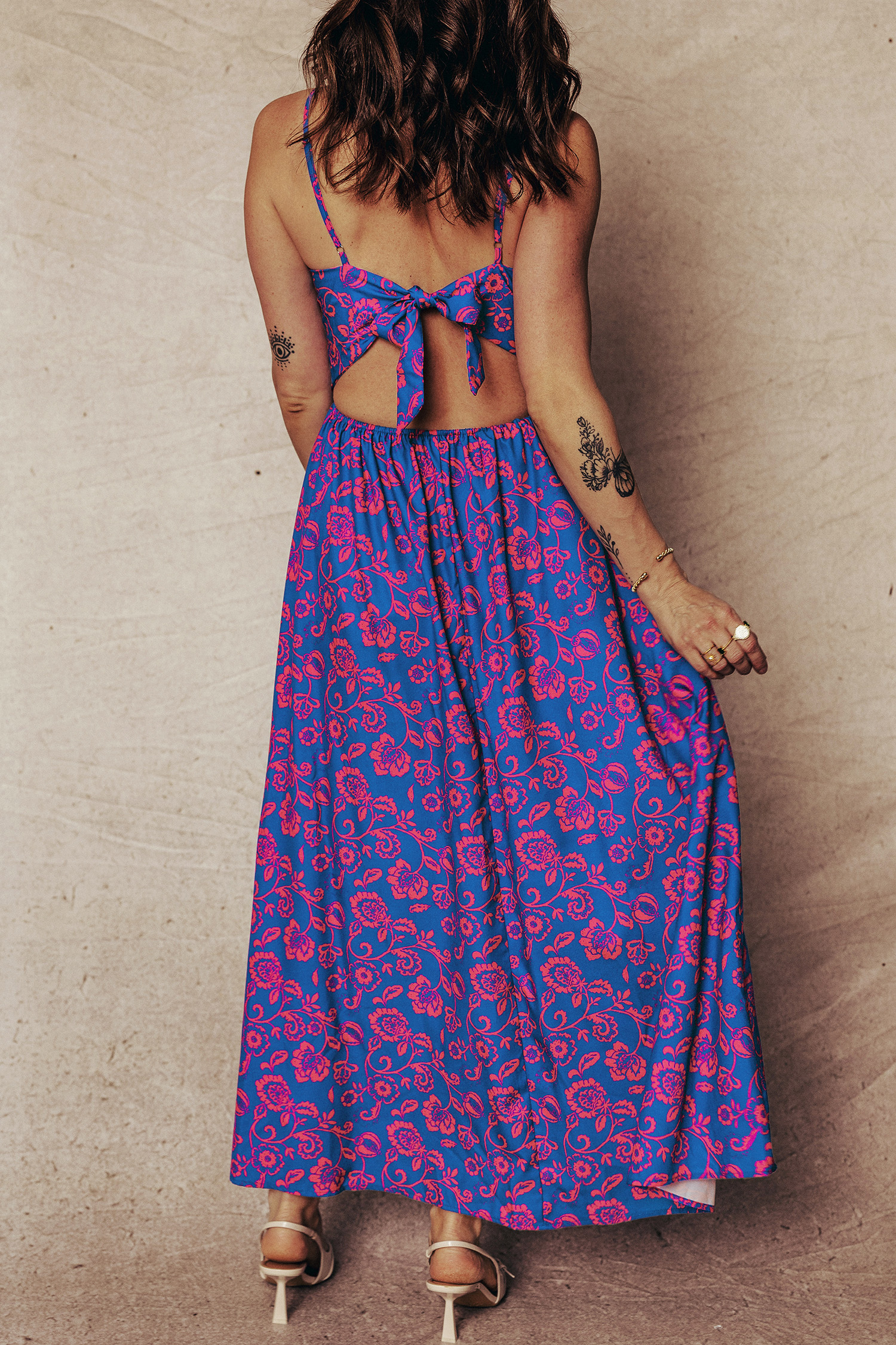 Bohemian Floral Print Maxi Dress for Women – Sleeveless V Neck with Bow Back Detail - Detail View 2 Bohemian Floral Print Maxi Dress for Women – Sleeveless V Neck with Bow Back Detail - Detail View 2