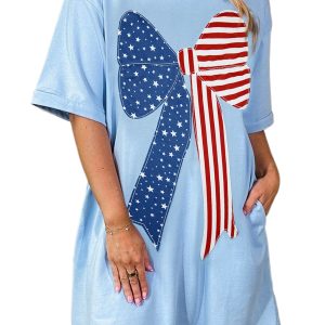 Women's Patriotic Big Bow Shift Dress – Stars and Stripes T-Shirt Mini Dress for July 4th - Main View