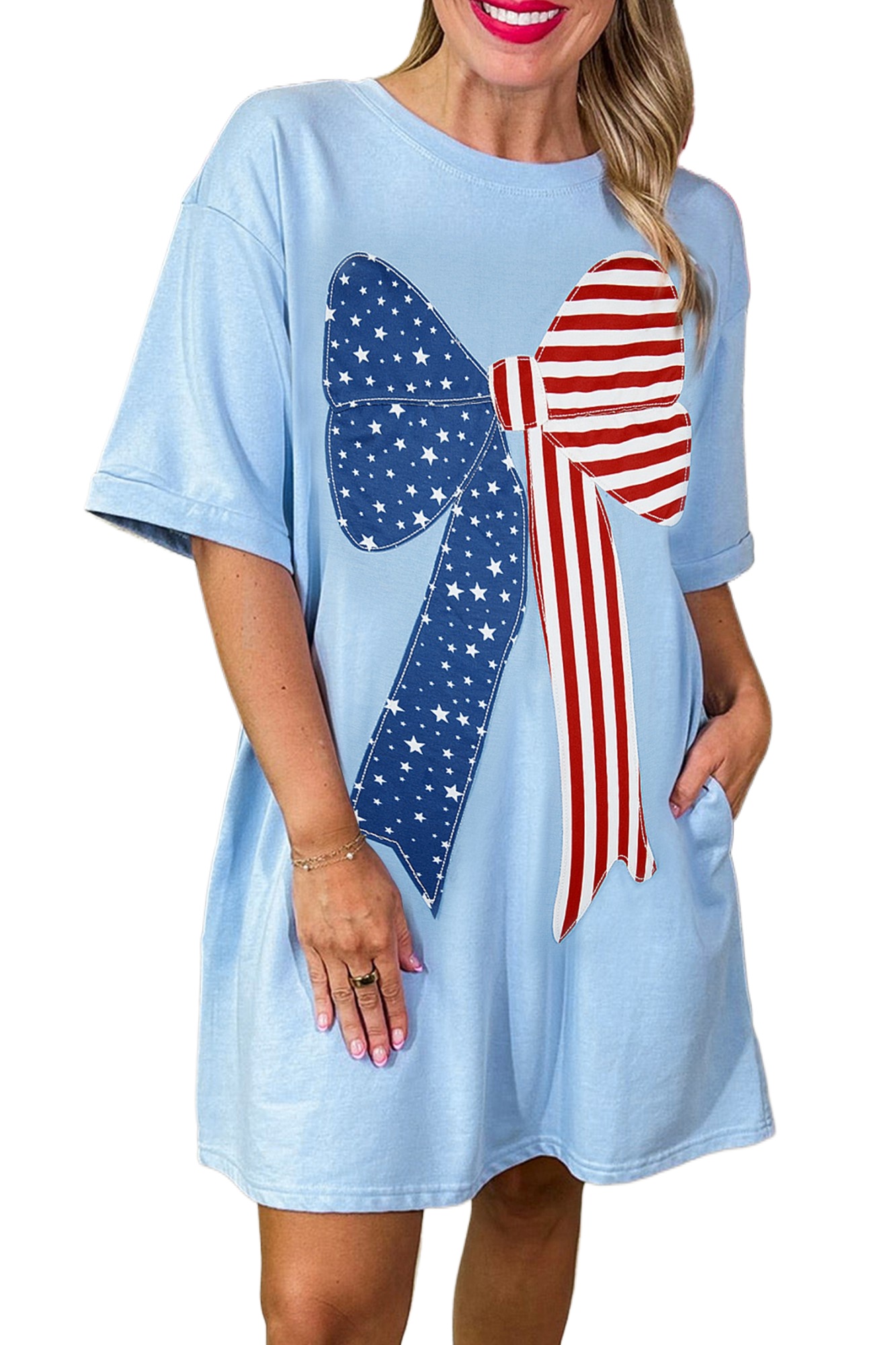 Women's Patriotic Big Bow Shift Dress – Stars and Stripes T-Shirt Mini Dress for July 4th - Main View Women's Patriotic Big Bow Shift Dress – Stars and Stripes T-Shirt Mini Dress for July 4th - Main View