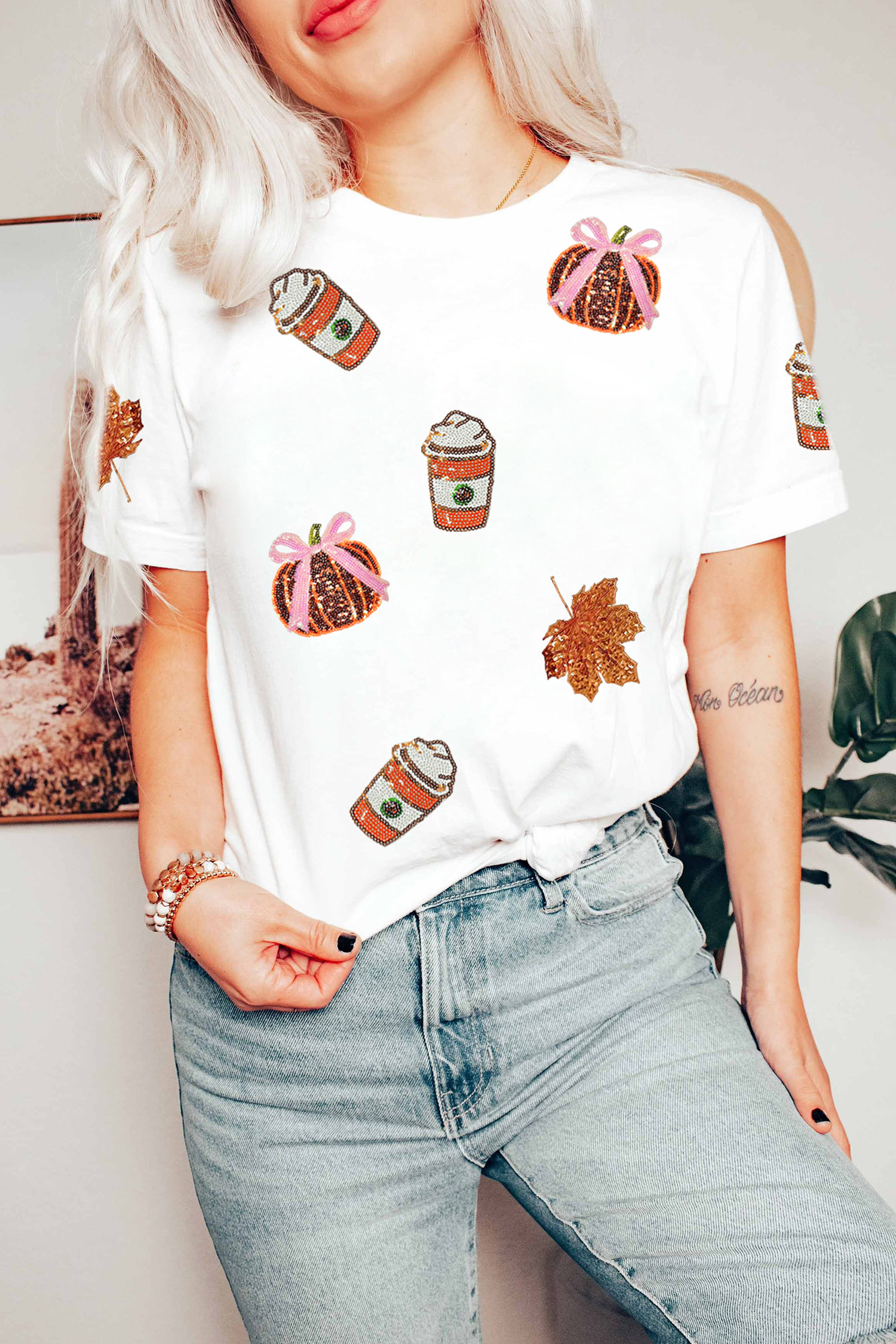 White Fall Graphic Tee, Sequined Pumpkin Casual Crew Neck - Detail View 5 White Fall Graphic Tee, Sequined Pumpkin Casual Crew Neck - Detail View 5
