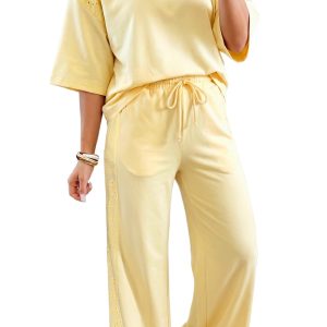 Women's Vanilla Yellow Two Piece Set – Half Sleeve Lace Top and High Waist Wide Leg Pants - Main View
