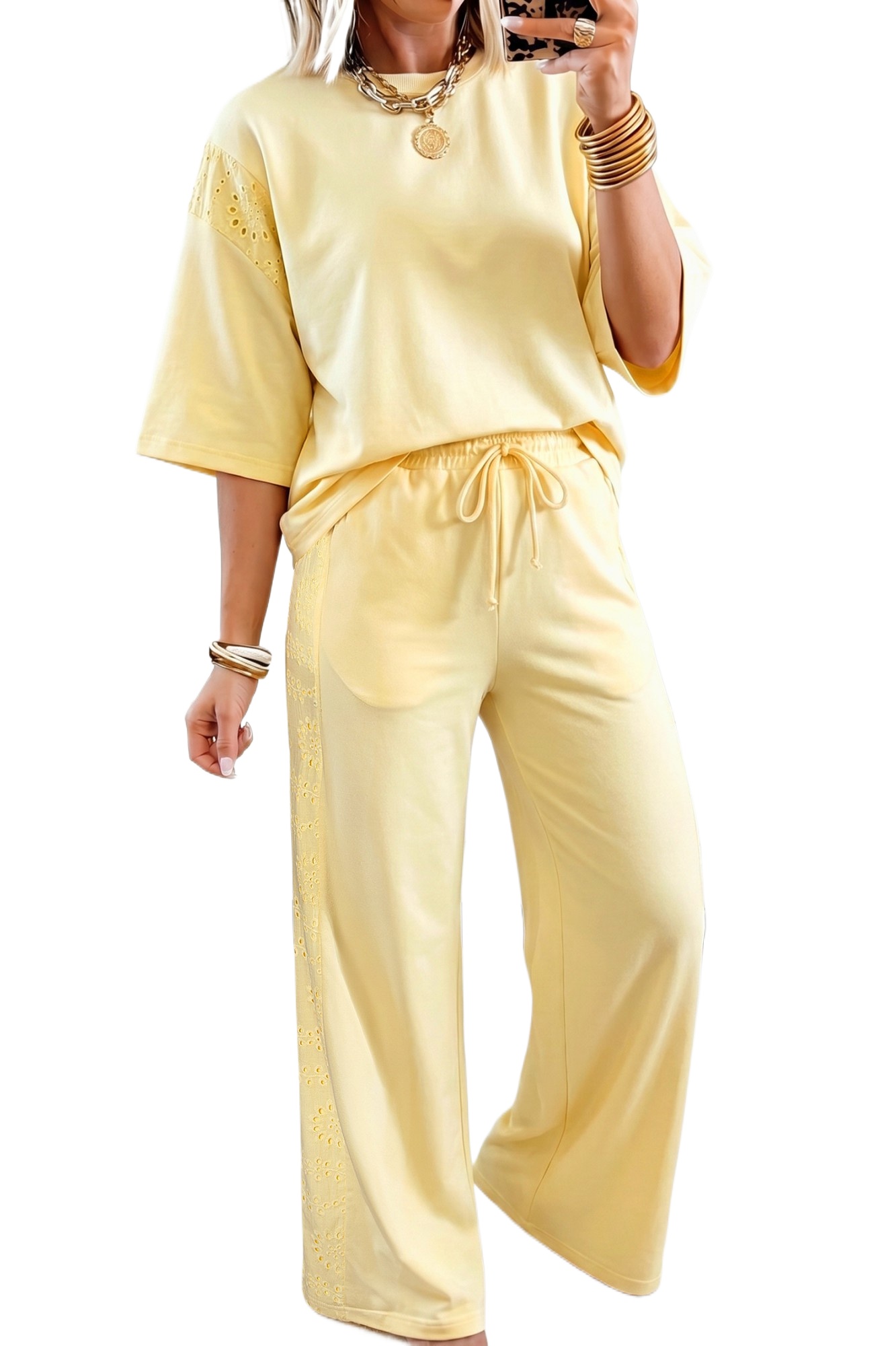 Women's Vanilla Yellow Two Piece Set – Half Sleeve Lace Top and High Waist Wide Leg Pants - Main View Women's Vanilla Yellow Two Piece Set – Half Sleeve Lace Top and High Waist Wide Leg Pants - Main View