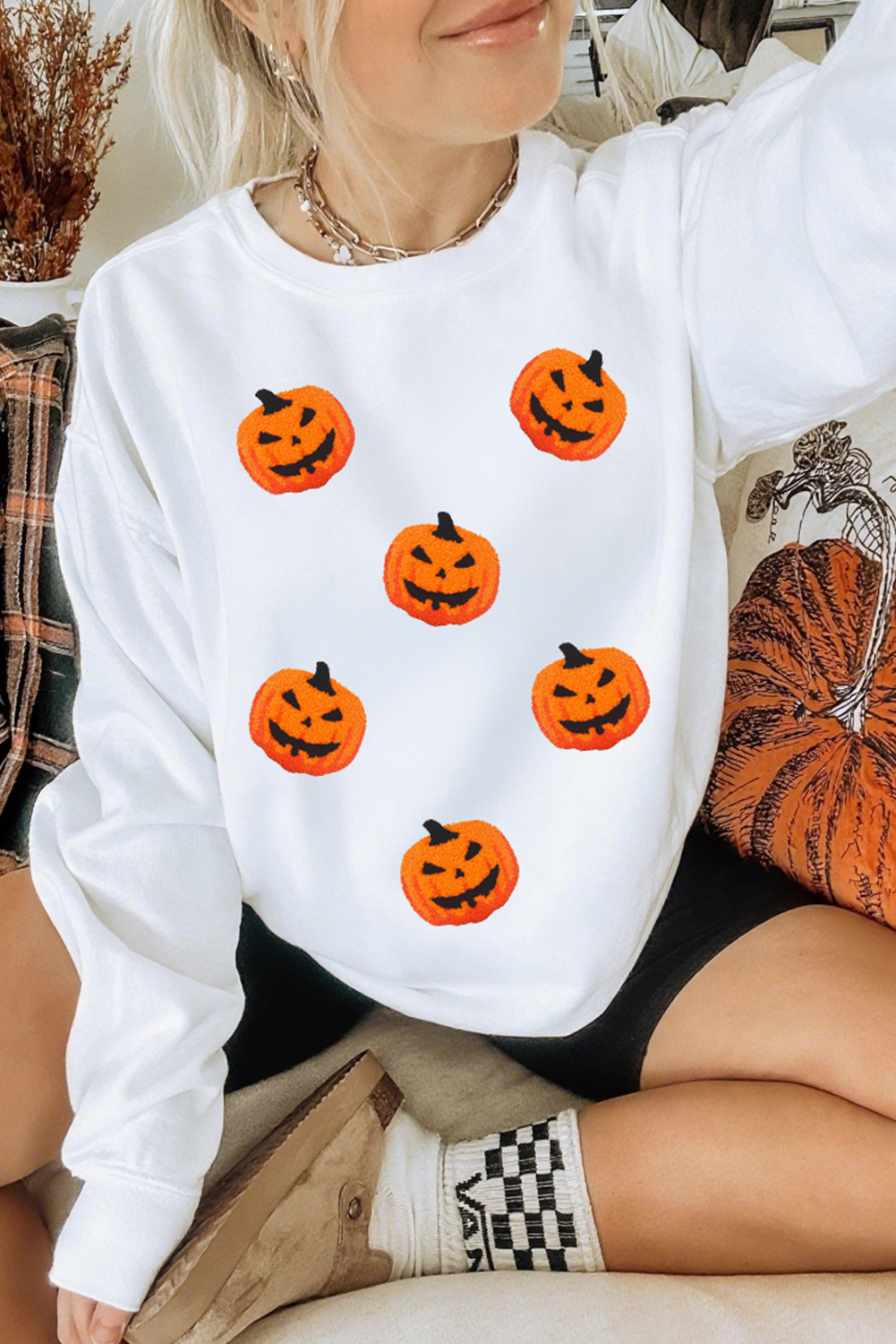 Casual Long Sleeve White Sweatshirt with Pumpkin Face Design - Perfect for Fall - Detail View 6 Casual Long Sleeve White Sweatshirt with Pumpkin Face Design - Perfect for Fall - Detail View 6