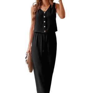 Women's Black Buttoned Vest and Drawstring Wide Leg Pants 2-Piece Set for Casual Elegance - Main View