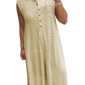 Women's White Sleeveless Jumpsuit – Textured Wide Leg Button Front Romper for Summer - Main View