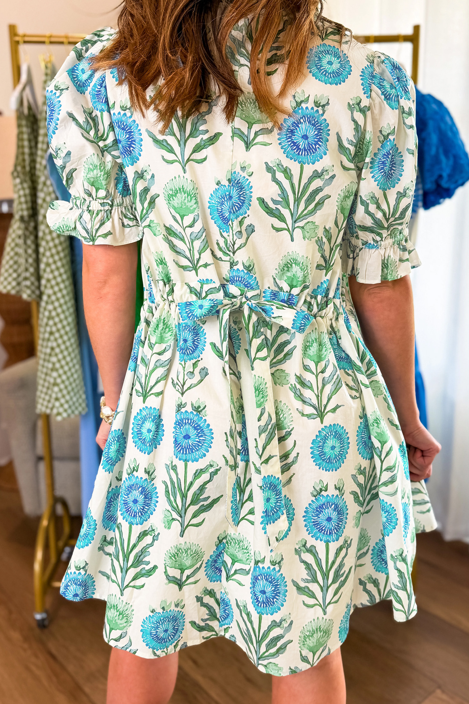 Sky Blue Floral Shift Dress – Short Sleeve Vacation Mini Wear - Detail View 17 Sky Blue Floral Shift Dress – Short Sleeve Vacation Mini Wear - Detail View 17