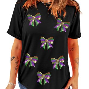 Women's Black Sequin Mardi Gras Bow Graphic Crewneck Tee - Stylish and Sparkly - Main View