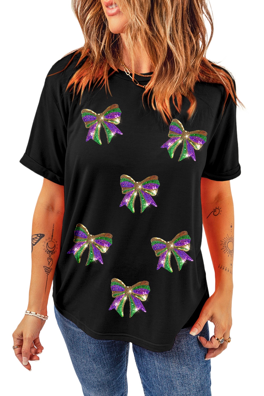 Women's Black Sequin Mardi Gras Bow Graphic Crewneck Tee - Stylish and Sparkly - Main View Women's Black Sequin Mardi Gras Bow Graphic Crewneck Tee - Stylish and Sparkly - Main View