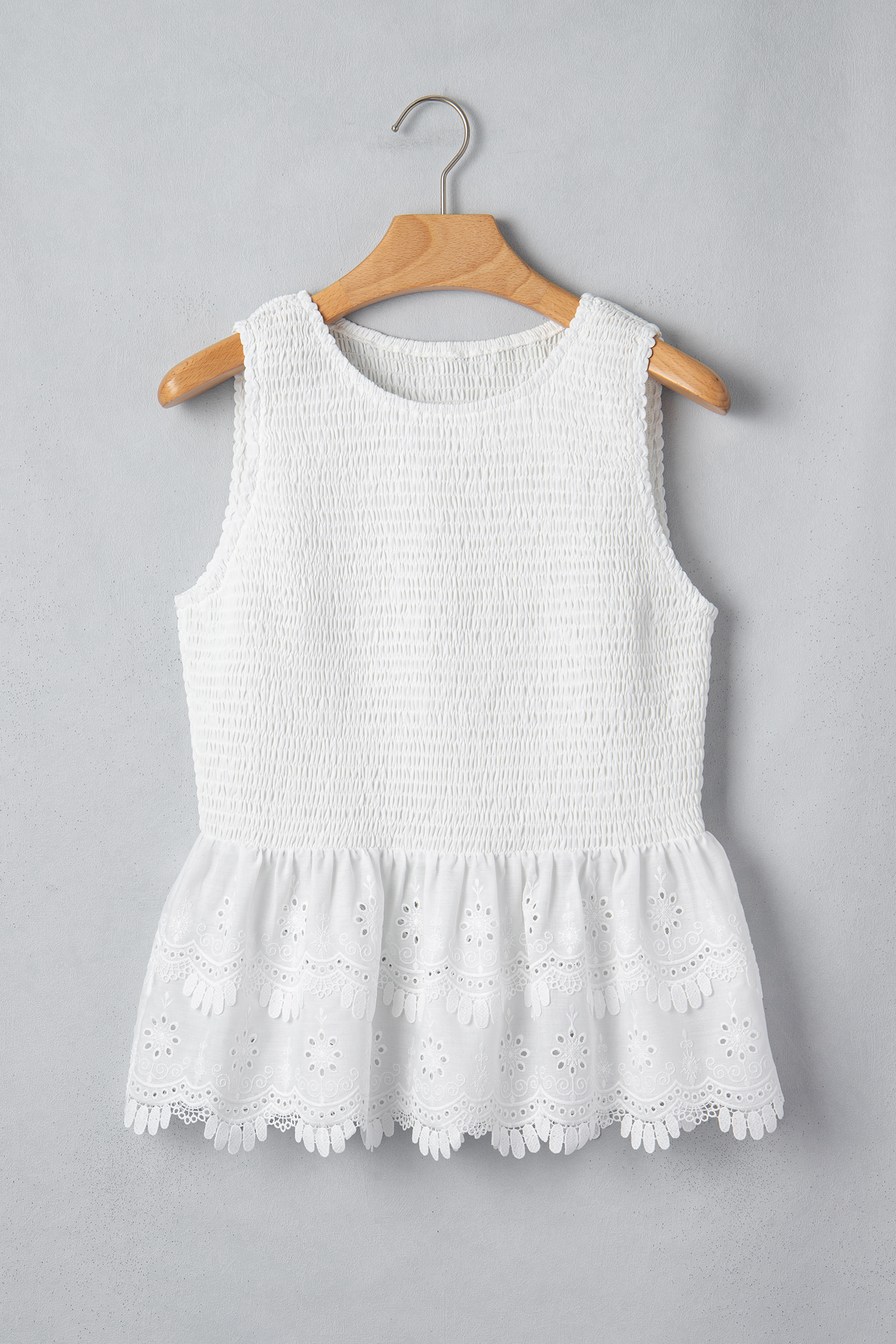 Casual White Boho Peplum Tank – Women's Smocked Lace Top - Detail View 3 Casual White Boho Peplum Tank – Women's Smocked Lace Top - Detail View 3