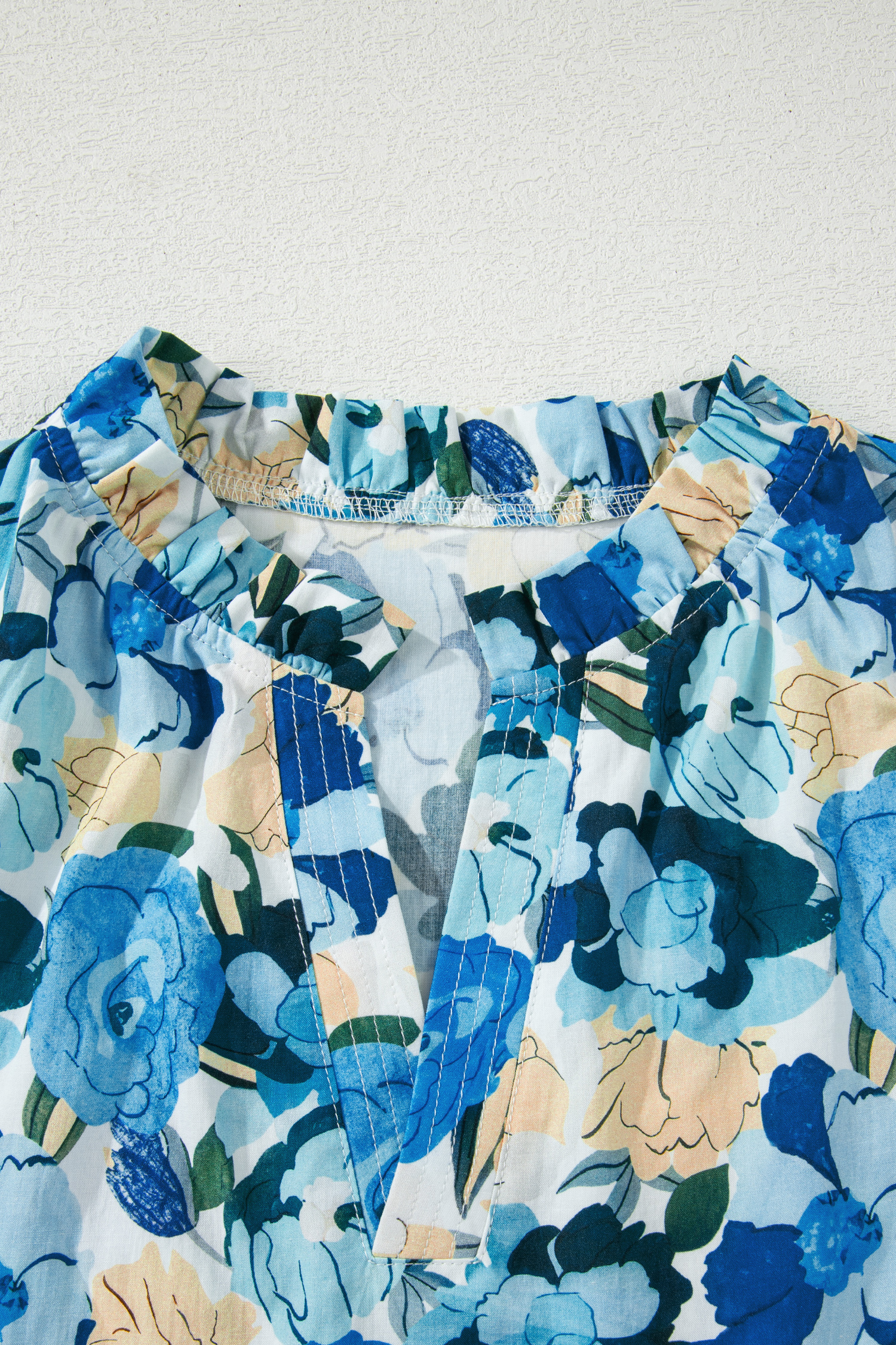 Summer-Ready Women's V Neck Blouse – Sky Blue Floral Print with Short Puff Sleeves - Detail View 9 Summer-Ready Women's V Neck Blouse – Sky Blue Floral Print with Short Puff Sleeves - Detail View 9