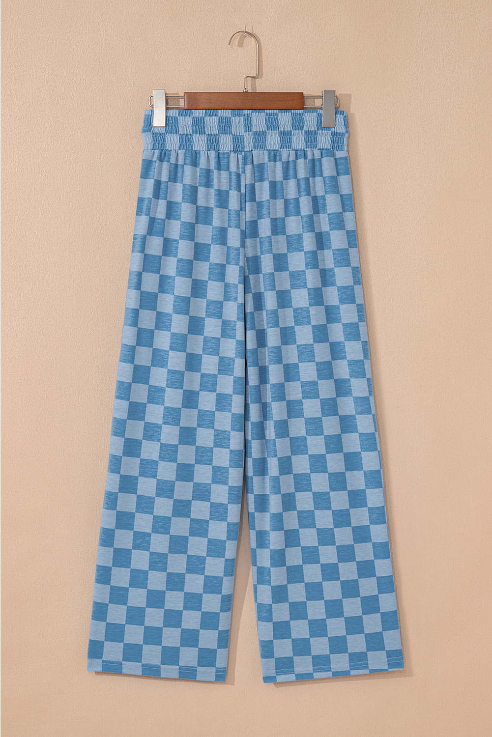 Women's Sky Blue Checkered Pants, Casual Elastic Wide Leg - Detail View 16 Women's Sky Blue Checkered Pants, Casual Elastic Wide Leg - Detail View 16