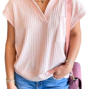 Light Pink Ribbed V Neck Tee for Women – Casual Short Sleeve Top for Summer Days - Main View