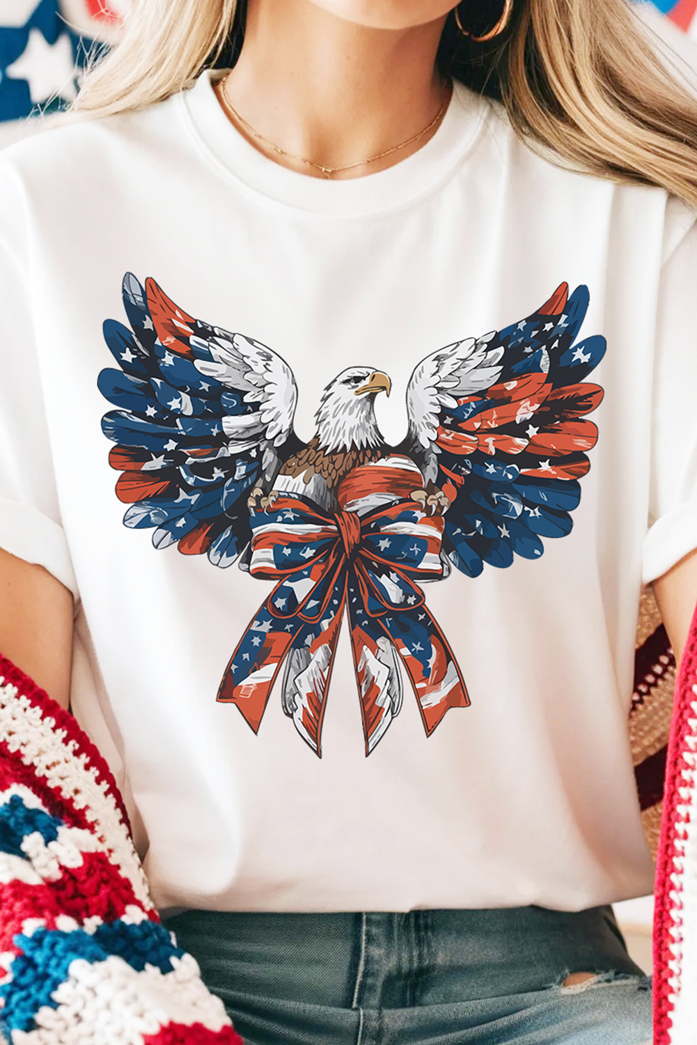 Casual Women's Round Neck Tee with American Flag Design – Soft & Comfortable - Detail View 3 Casual Women's Round Neck Tee with American Flag Design – Soft & Comfortable - Detail View 3
