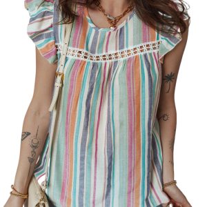 Light Blue Striped Blouse with Flutter Sleeves – Casual Summer Top for Women - Main View