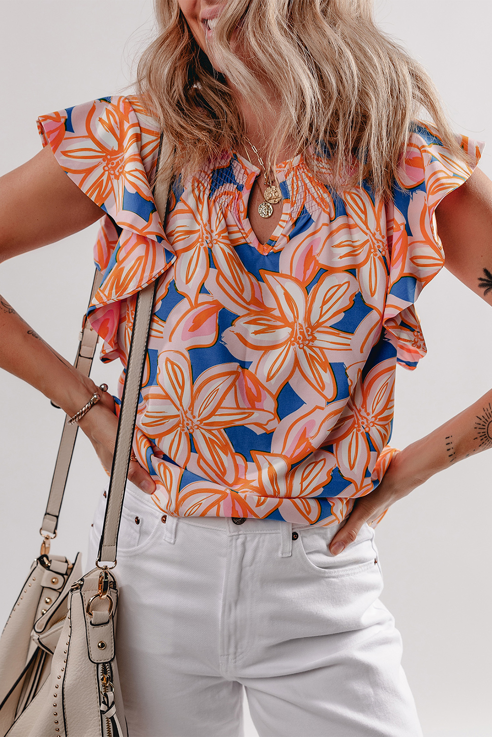 Women's Blouse, Orange, Summer Flower Print, Notched Neck, Ruffle Sleeves, Casual Wear, Floral Pattern, Daily Wear, Trendy Design, Feminine Style, Lightweight, Comfortable, Tops & Shirts - Detail View 8 Women's Blouse, Orange, Summer Flower Print, Notched Neck, Ruffle Sleeves, Casual Wear, Floral Pattern, Daily Wear, Trendy Design, Feminine Style, Lightweight, Comfortable, Tops & Shirts - Detail View 8