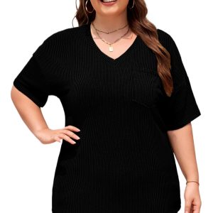 Women's Black Textured V-Neck Plus T-Shirt – Casual Summer Essential for Everyday Wear - Main View