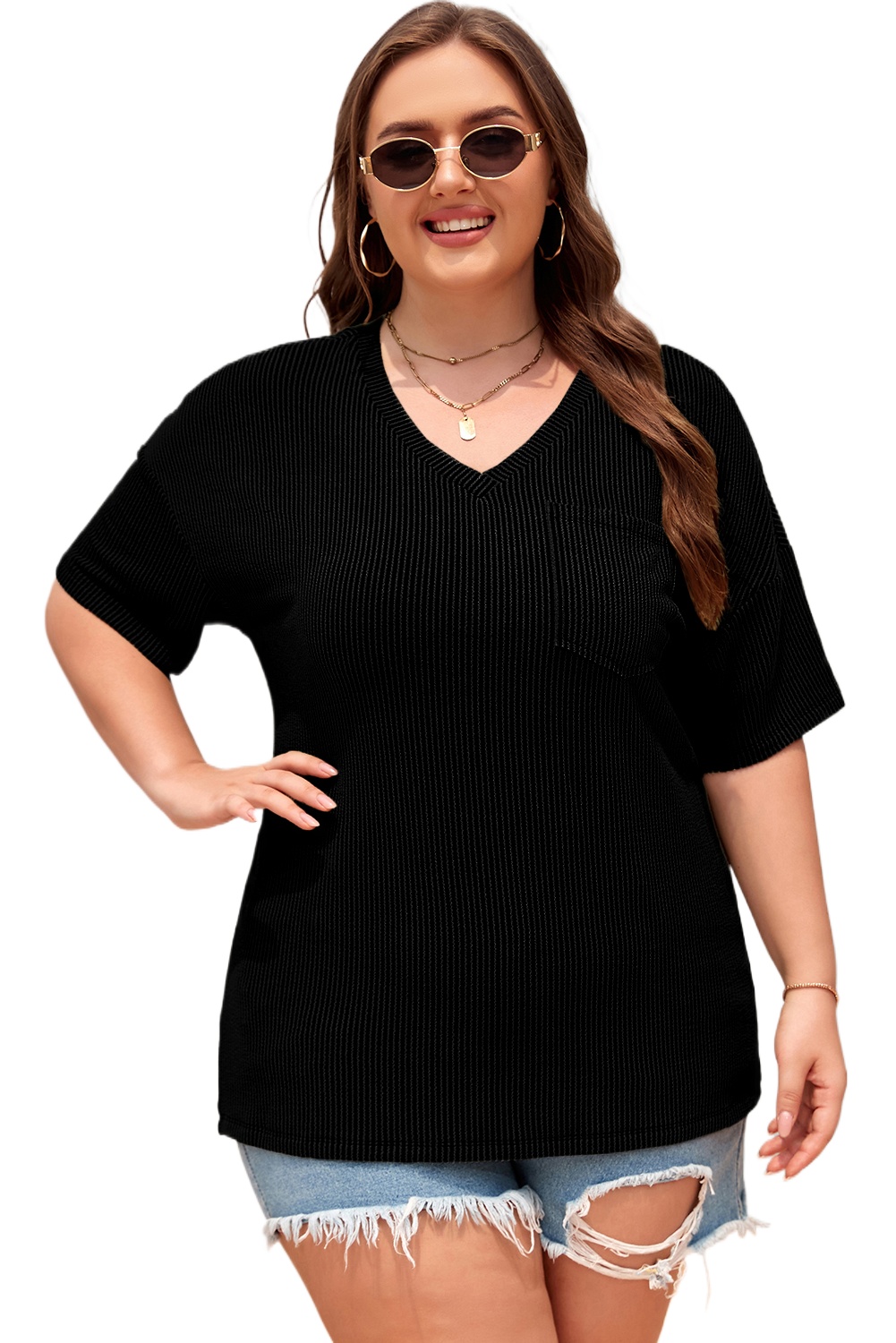 Women's Black Textured V-Neck Plus T-Shirt – Casual Summer Essential for Everyday Wear - Main View Women's Black Textured V-Neck Plus T-Shirt – Casual Summer Essential for Everyday Wear - Main View