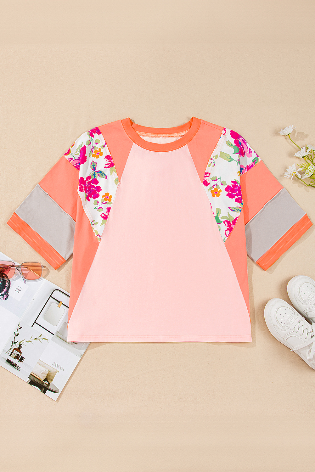 Women's Plus Size Orange Floral Print Patchwork Raglan Half Sleeve Top - Detail View 9 Women's Plus Size Orange Floral Print Patchwork Raglan Half Sleeve Top - Detail View 9