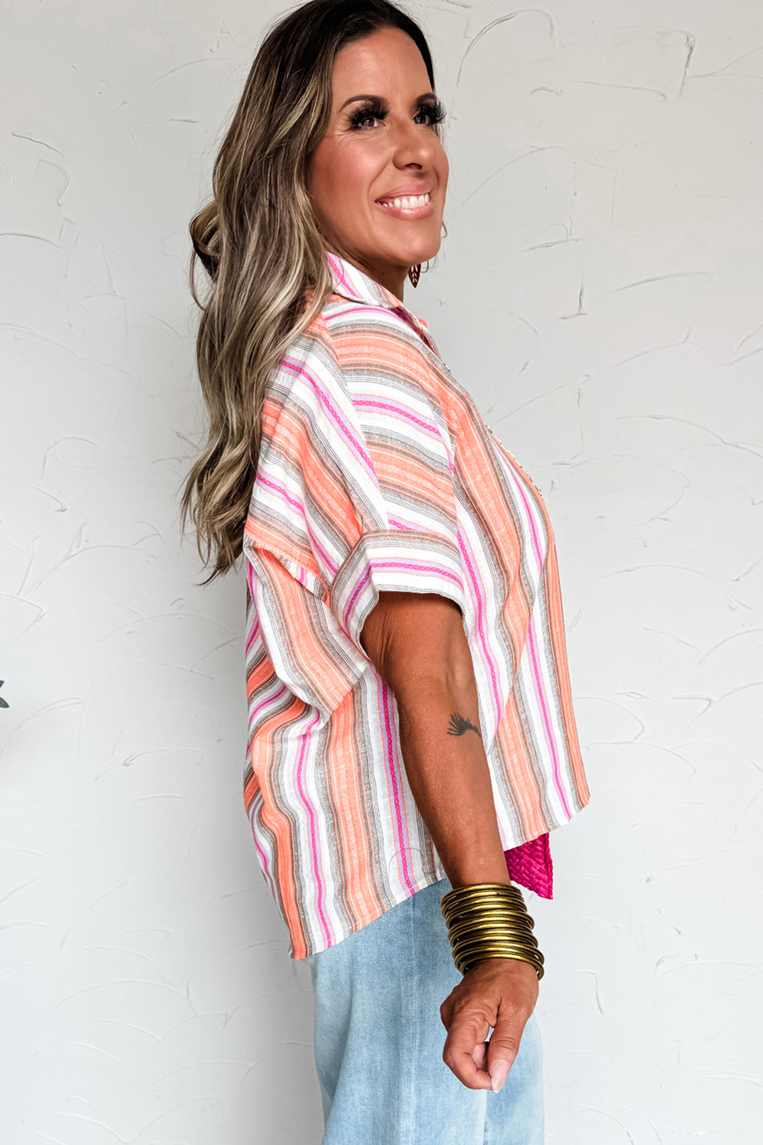 Casual Southern Belle Pink Stripe Short Sleeve Shirt – Perfect for Daily Adventures - Detail View 3 Casual Southern Belle Pink Stripe Short Sleeve Shirt – Perfect for Daily Adventures - Detail View 3