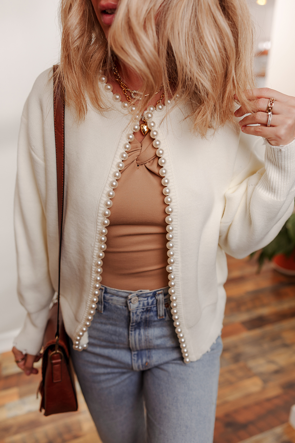 Elegant White Pearl Detail Cardigan for Women – Open Front Long Sleeve Style for Fall Layering - Detail View 8 Elegant White Pearl Detail Cardigan for Women – Open Front Long Sleeve Style for Fall Layering - Detail View 8