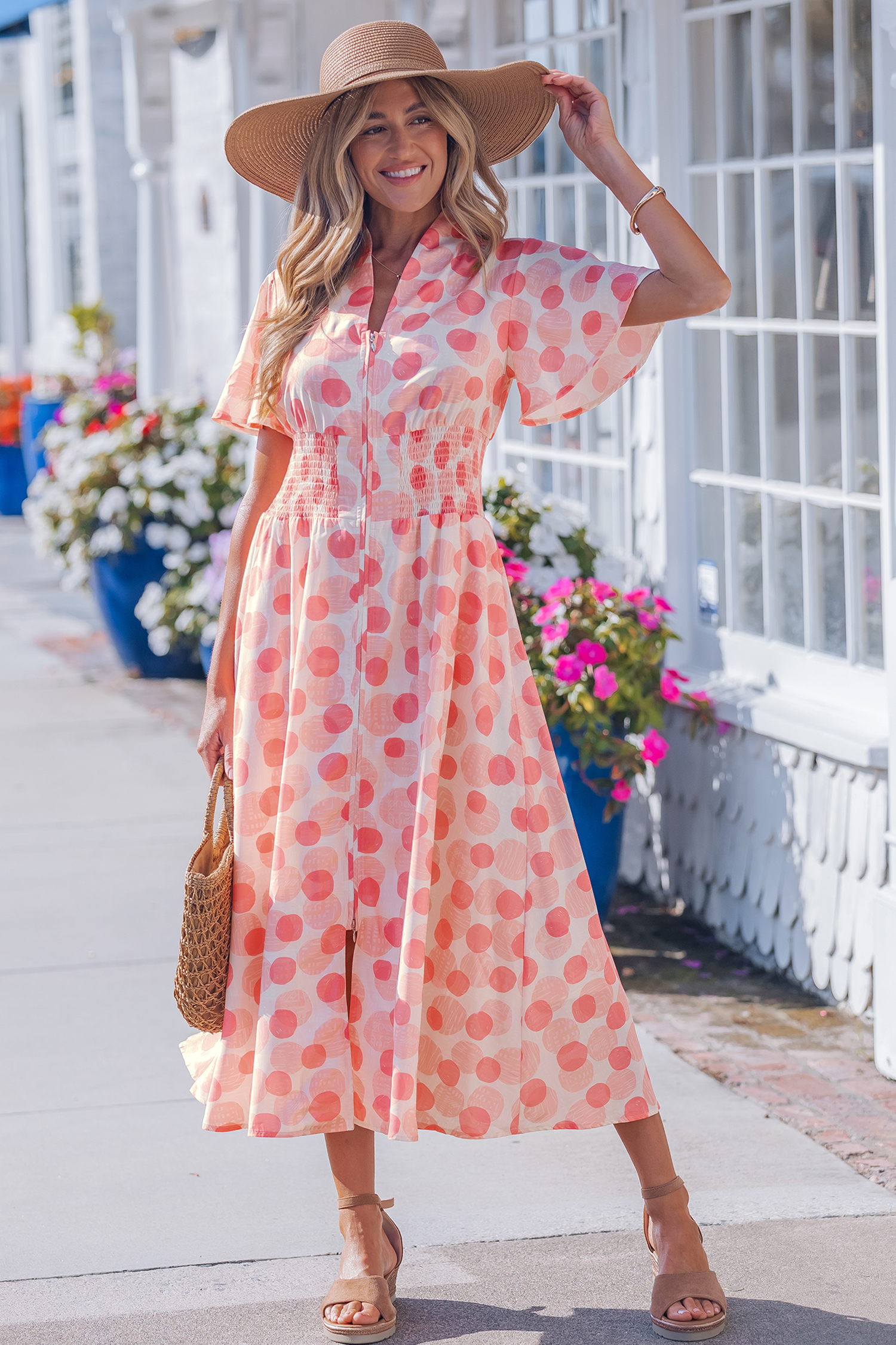 Summer Pink Polka Dot Zip Up Dress for Women – Casual Short Sleeve Shirred Long Dress - Detail View 5 Summer Pink Polka Dot Zip Up Dress for Women – Casual Short Sleeve Shirred Long Dress - Detail View 5