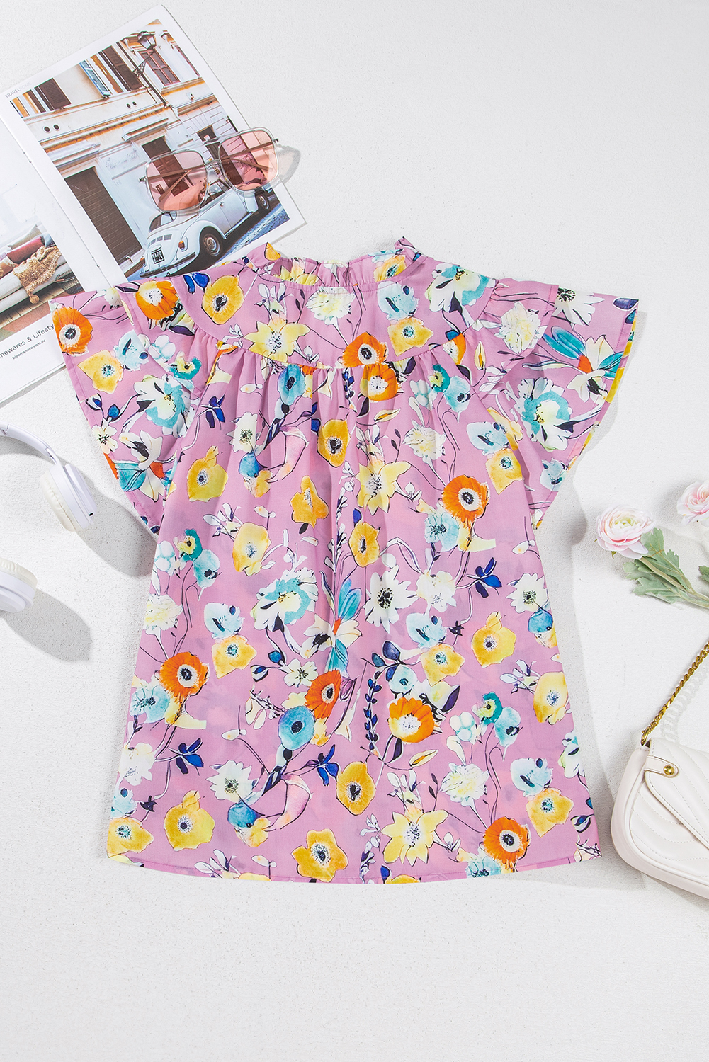 Women's Top, Pink Floral, V Neck, Flutter Sleeve, Summer Fashion, Daily Wear, Elegant Blouse, Shift Silhouette, Spring Style, Ruffle Details, Country Style, Casual Top - Detail View 4 Women's Top, Pink Floral, V Neck, Flutter Sleeve, Summer Fashion, Daily Wear, Elegant Blouse, Shift Silhouette, Spring Style, Ruffle Details, Country Style, Casual Top - Detail View 4