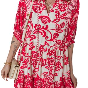 Women's Red Floral Mini Dress – Casual Bohemian V Neck Half Sleeve for Summer Outings - Main View