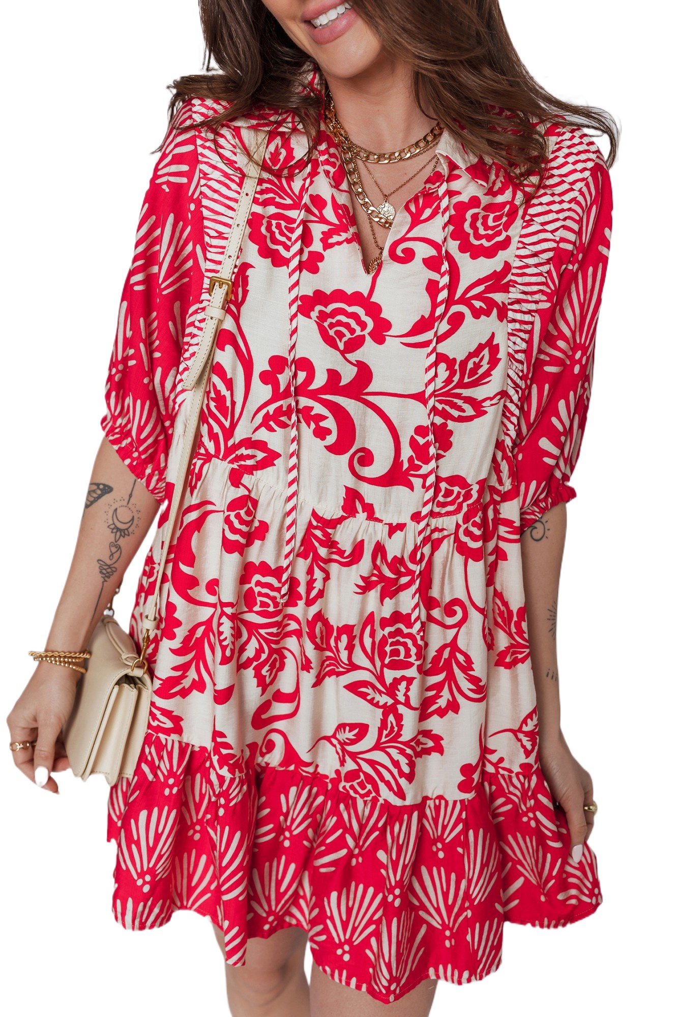 Women's Red Floral Mini Dress – Casual Bohemian V Neck Half Sleeve for Summer Outings - Main View Women's Red Floral Mini Dress – Casual Bohemian V Neck Half Sleeve for Summer Outings - Main View