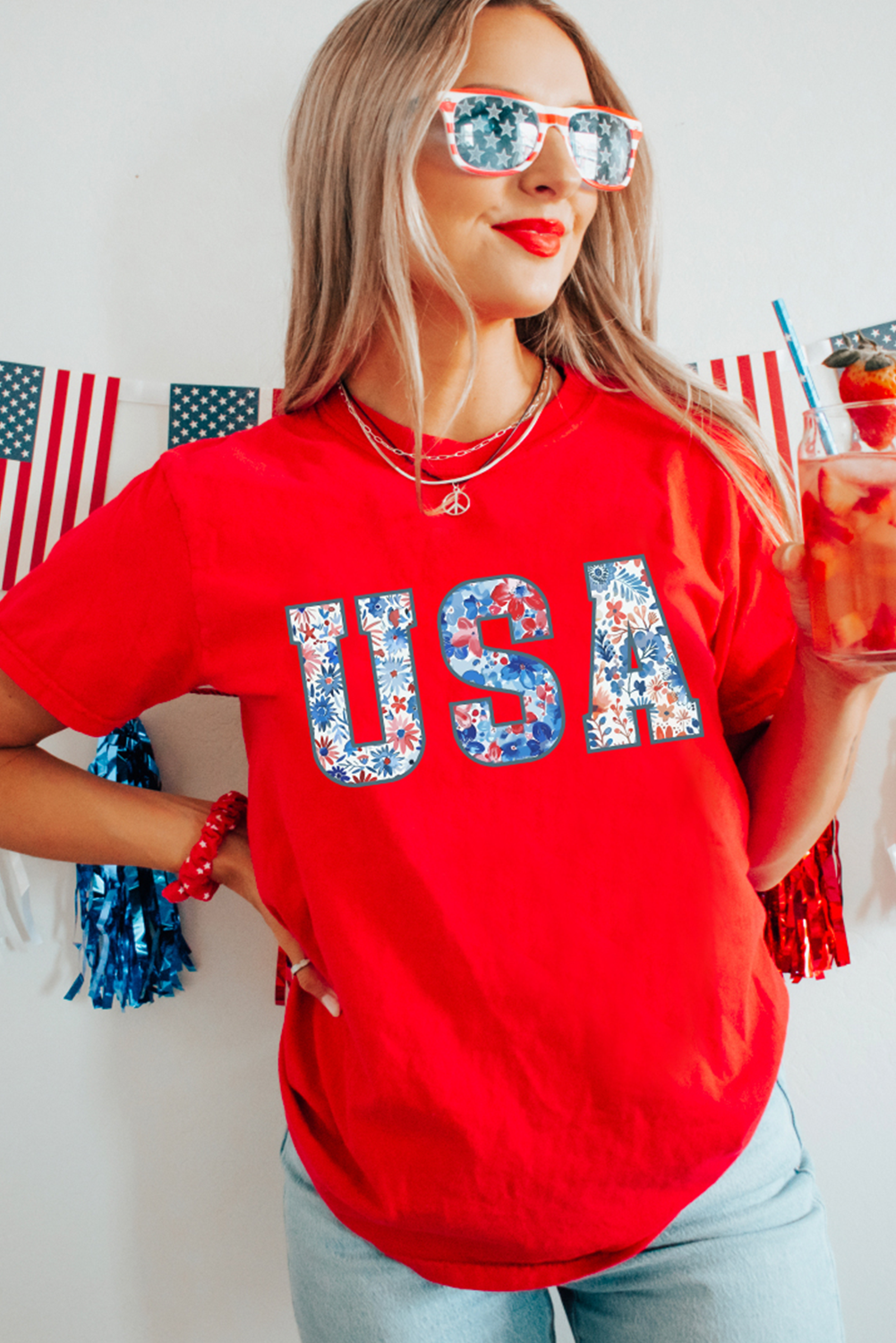 Trendy Red Crew Neck T-Shirt with Floral USA Graphic Design for Women - Detail View 6 Trendy Red Crew Neck T-Shirt with Floral USA Graphic Design for Women - Detail View 6