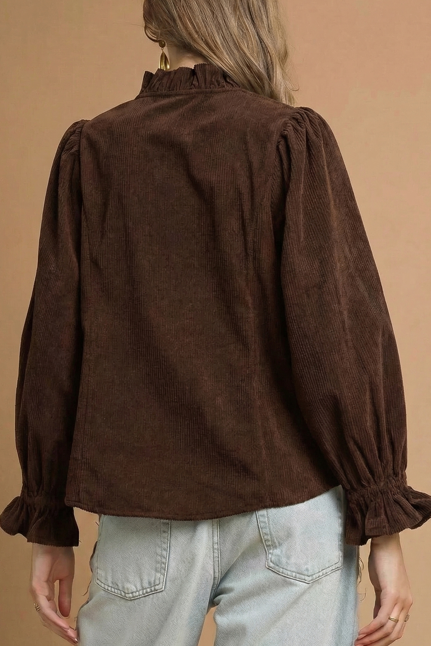 Women's Fall Corduroy Button-Up – Long Sleeve Ruffle Blouse - Detail View 15 Women's Fall Corduroy Button-Up – Long Sleeve Ruffle Blouse - Detail View 15