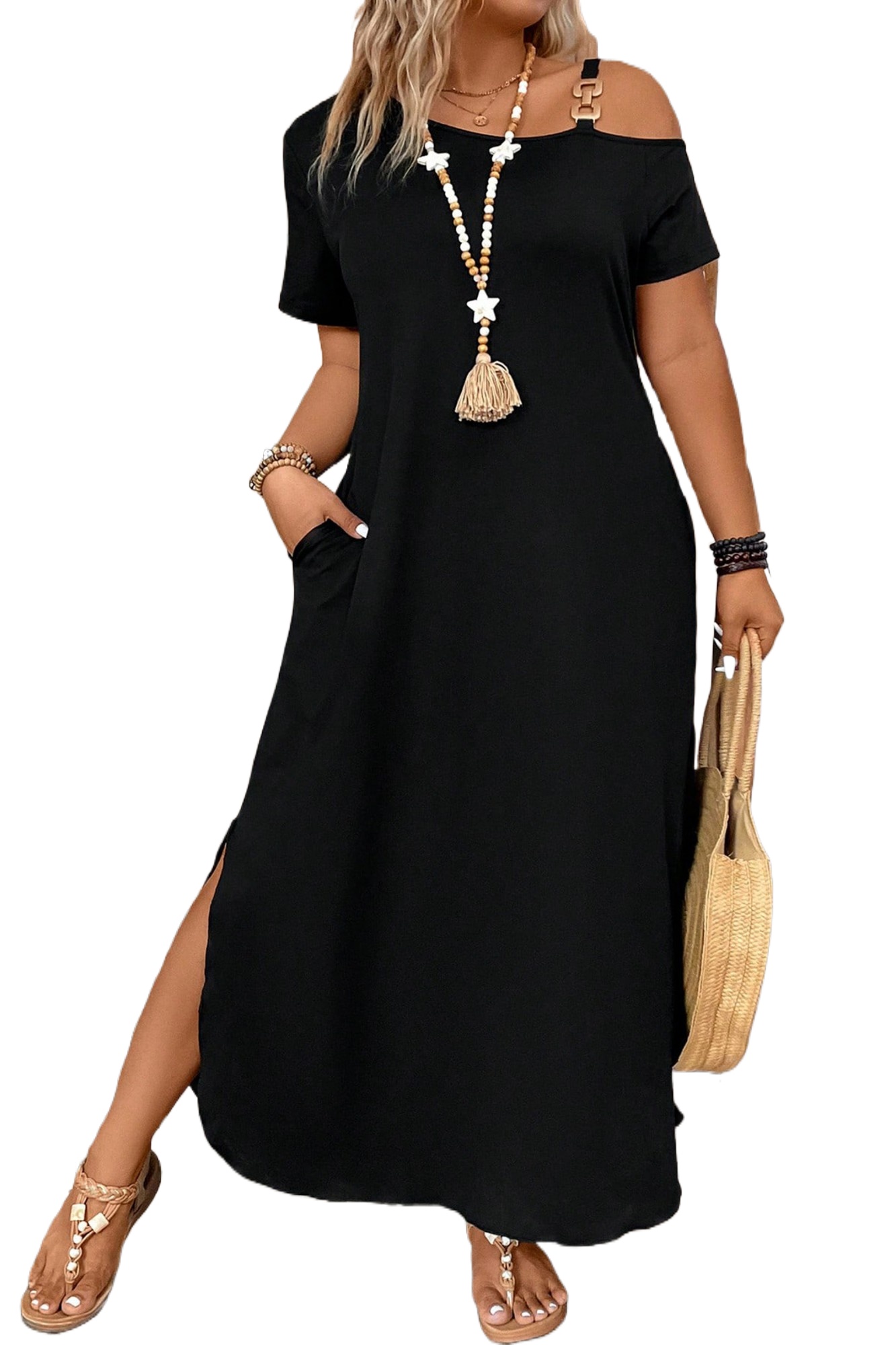 Women's Black Asymmetric Shoulder Maxi Dress – Casual Summer Style for Any Occasion - Main View Women's Black Asymmetric Shoulder Maxi Dress – Casual Summer Style for Any Occasion - Main View