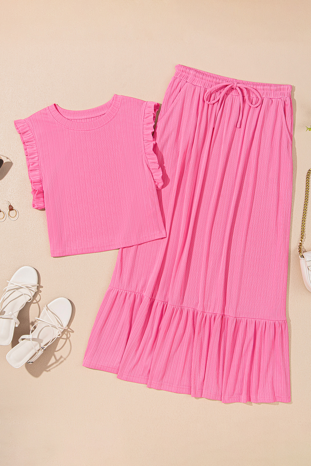 Women's Textured Two Piece Set, Sleeveless Crop Top And Skirt - Detail View 7 Women's Textured Two Piece Set, Sleeveless Crop Top And Skirt - Detail View 7