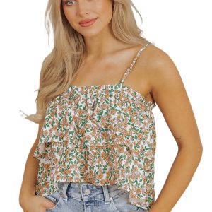 Women's White Boho Floral Ruffle Spaghetti Strap Summer Tank Top - Main View