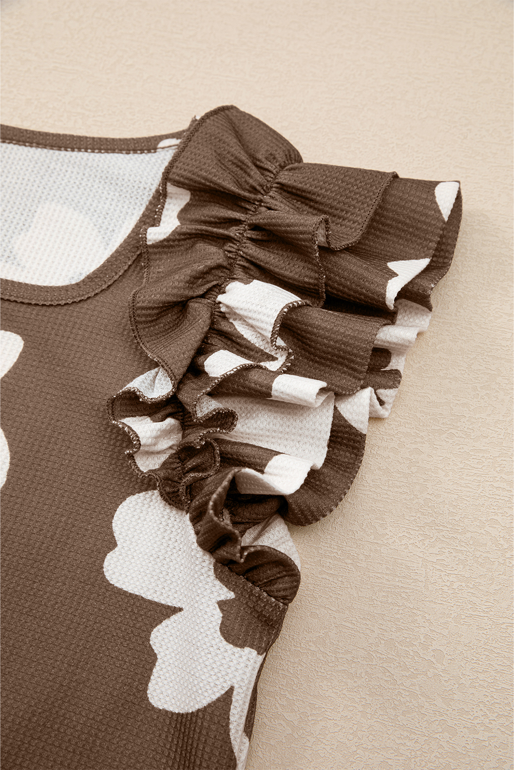 Women's Blouse, Brown Floral, Textured Fabric, Ruffled Sleeves, Short Sleeve, Square Neck, Casual Style, Elegant Design, Summer Outfit, Vintage Floral Print, Shift Silhouette, Daily Wear, Outdoor Fashion, Vacation Top - Detail View 8 Women's Blouse, Brown Floral, Textured Fabric, Ruffled Sleeves, Short Sleeve, Square Neck, Casual Style, Elegant Design, Summer Outfit, Vintage Floral Print, Shift Silhouette, Daily Wear, Outdoor Fashion, Vacation Top - Detail View 8