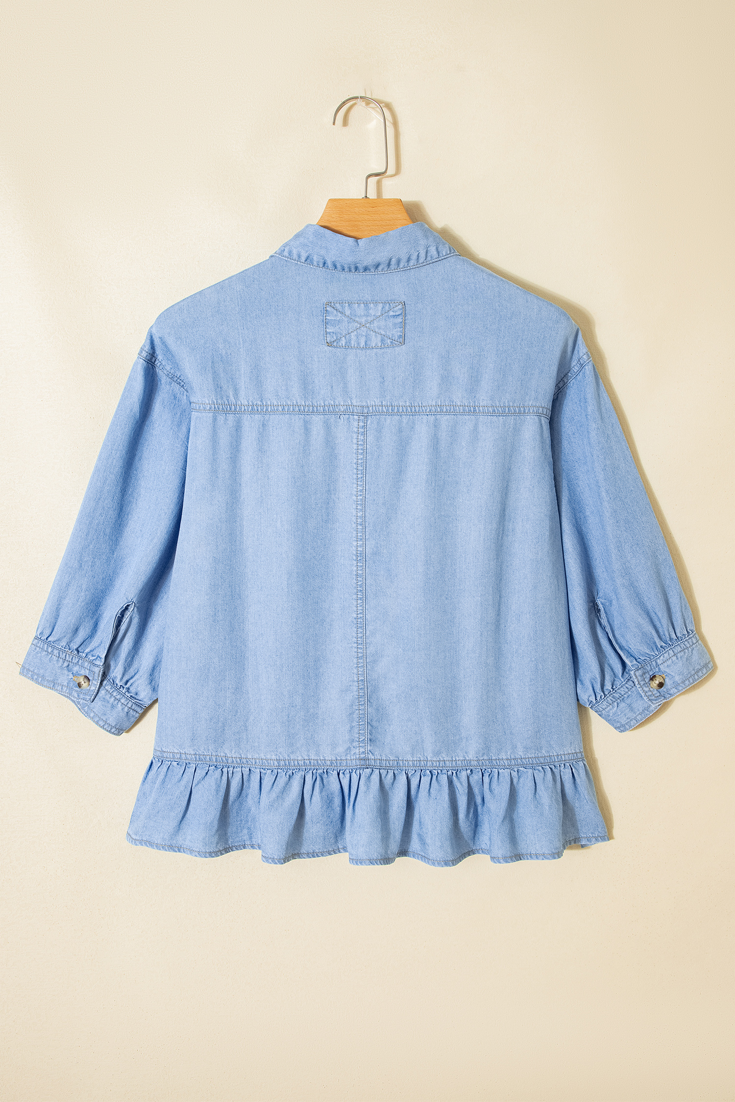Chic Beau Blue Ruffled Chambray Shirt for Women – Half Sleeve Button Down, Ideal for Summer Outings - Detail View 5 Chic Beau Blue Ruffled Chambray Shirt for Women – Half Sleeve Button Down, Ideal for Summer Outings - Detail View 5