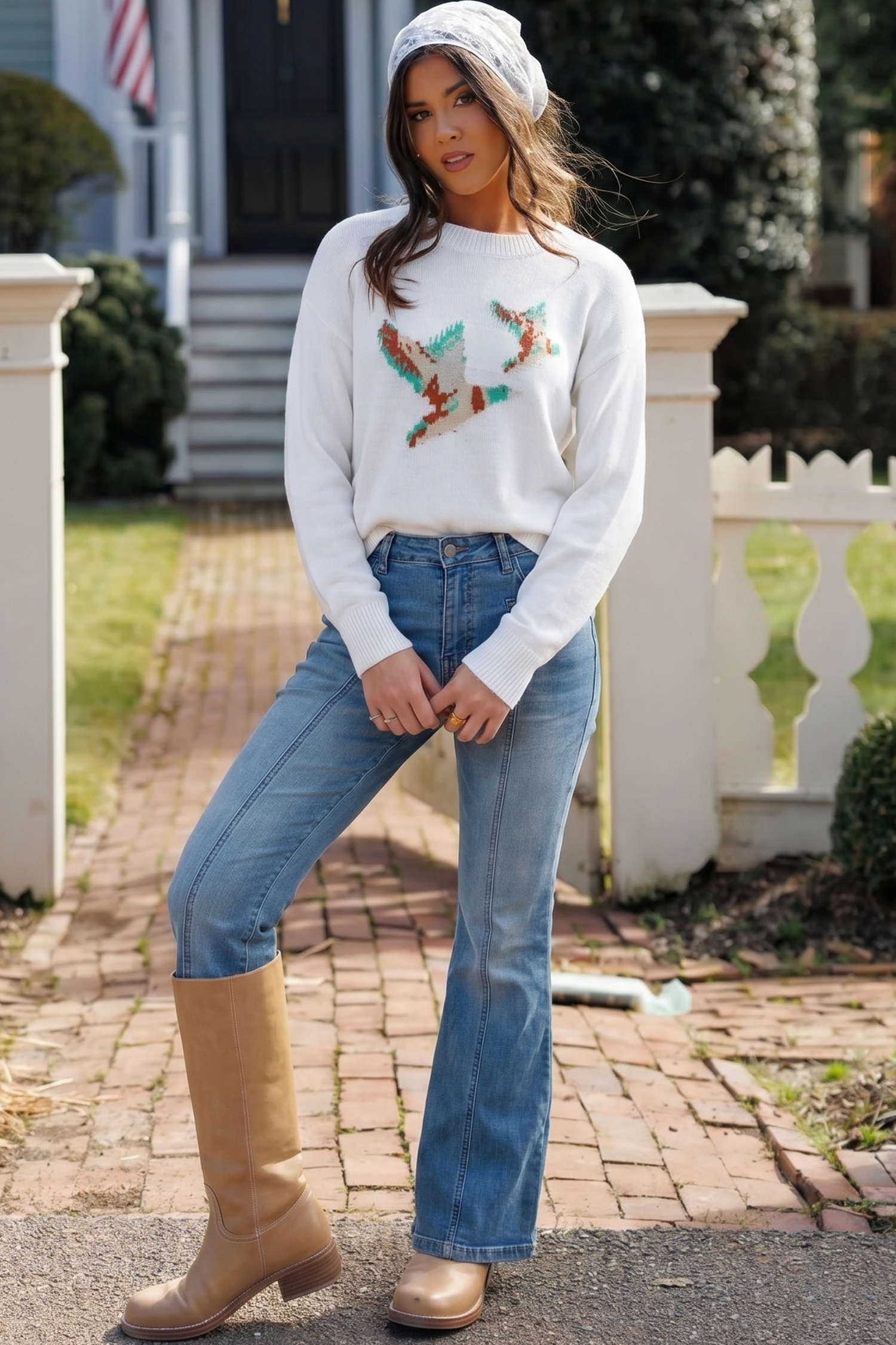 White Long Sleeve Knit Top, Country Style Duck Pattern - Detail View 5 White Long Sleeve Knit Top, Country Style Duck Pattern - Detail View 5