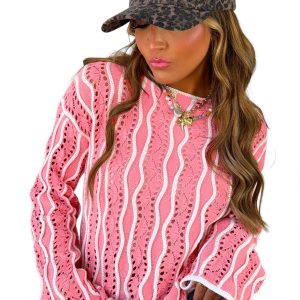 Women's Pink Wavy Knit Sweater, Casual Boho Round Neck Top - Main View