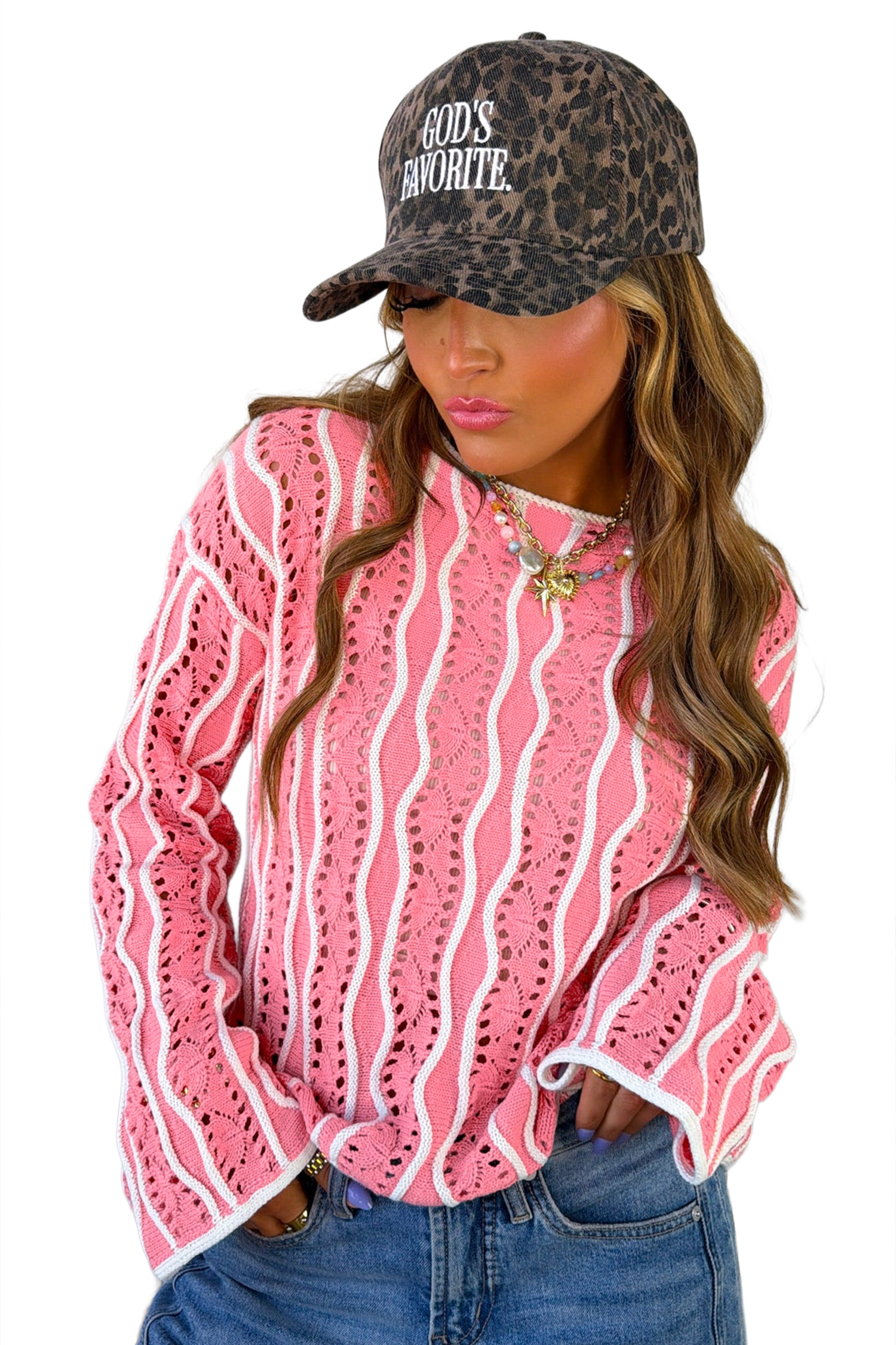 Women's Pink Wavy Knit Sweater, Casual Boho Round Neck Top - Main View Women's Pink Wavy Knit Sweater, Casual Boho Round Neck Top - Main View