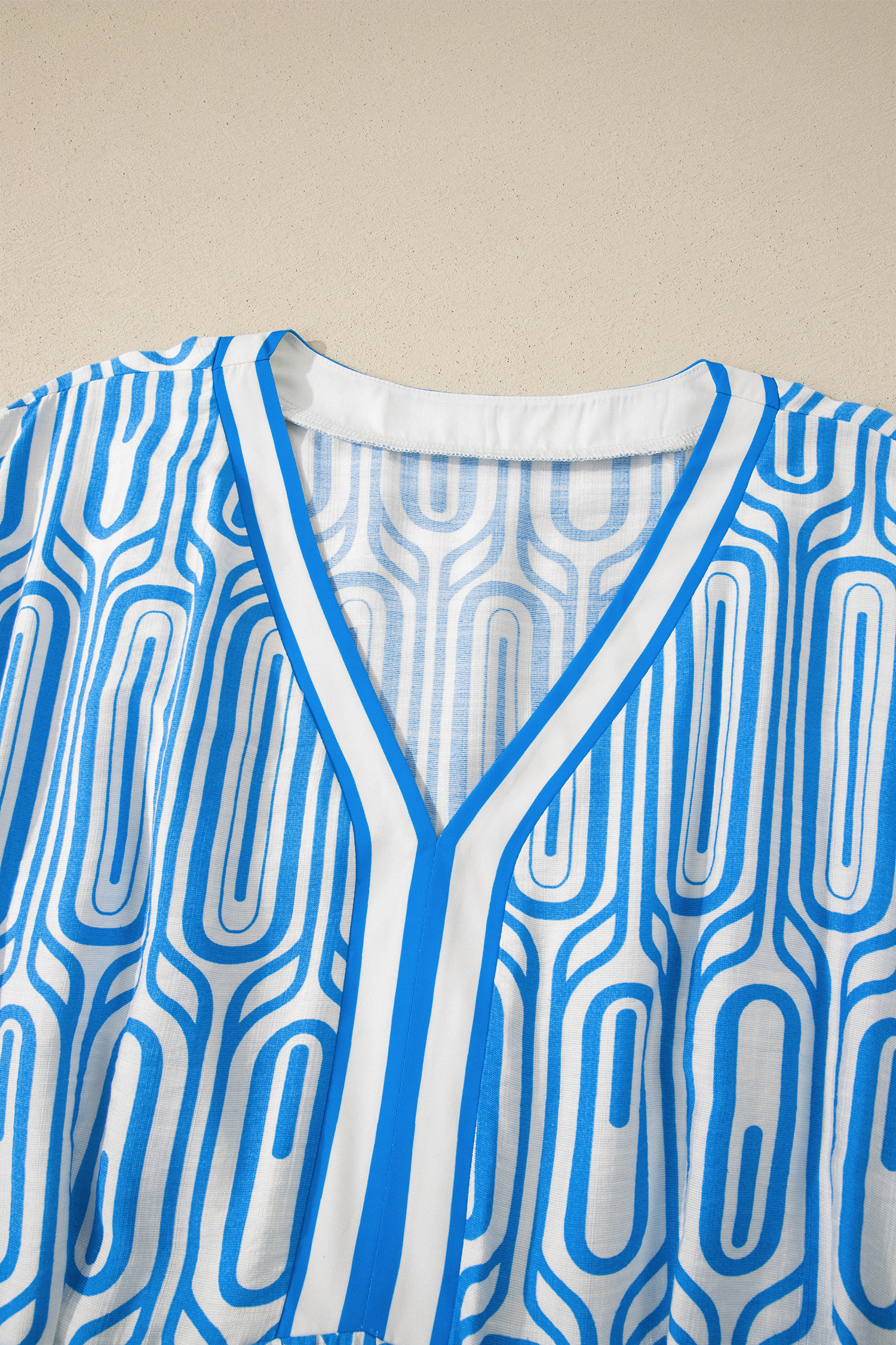 Women's Sky Blue Geometric Print Maxi Dress – V Neck Contrast Trim Southern Belle Style Long Dress - Detail View 7 Women's Sky Blue Geometric Print Maxi Dress – V Neck Contrast Trim Southern Belle Style Long Dress - Detail View 7